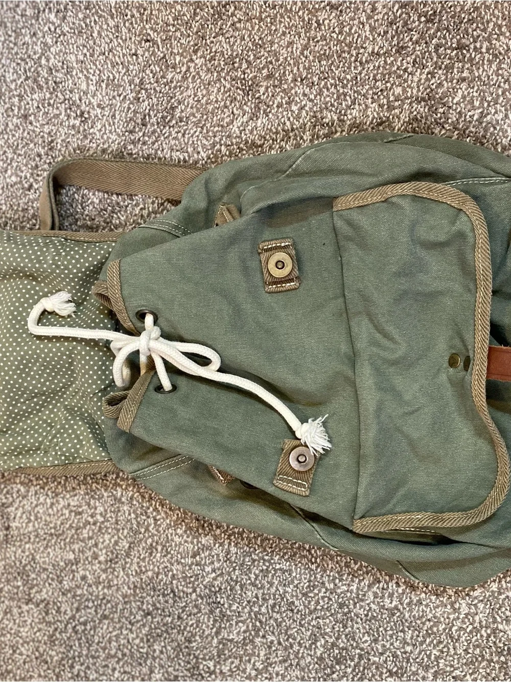 American Eagle Outfitters Sage Green Canvas Backpack with Brown Trim